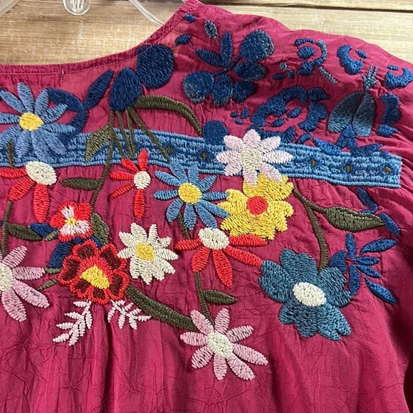 Johnny Was Magenta Floral Embroidered Blouse